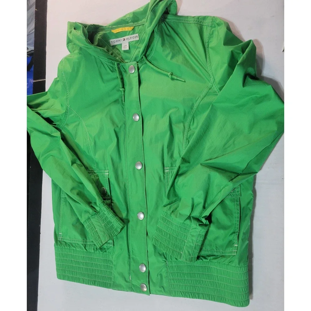 Vtg‎ Tommy Hilfiger Green Hooded Windbreaker Jacket Size L Full Zip Snap Front